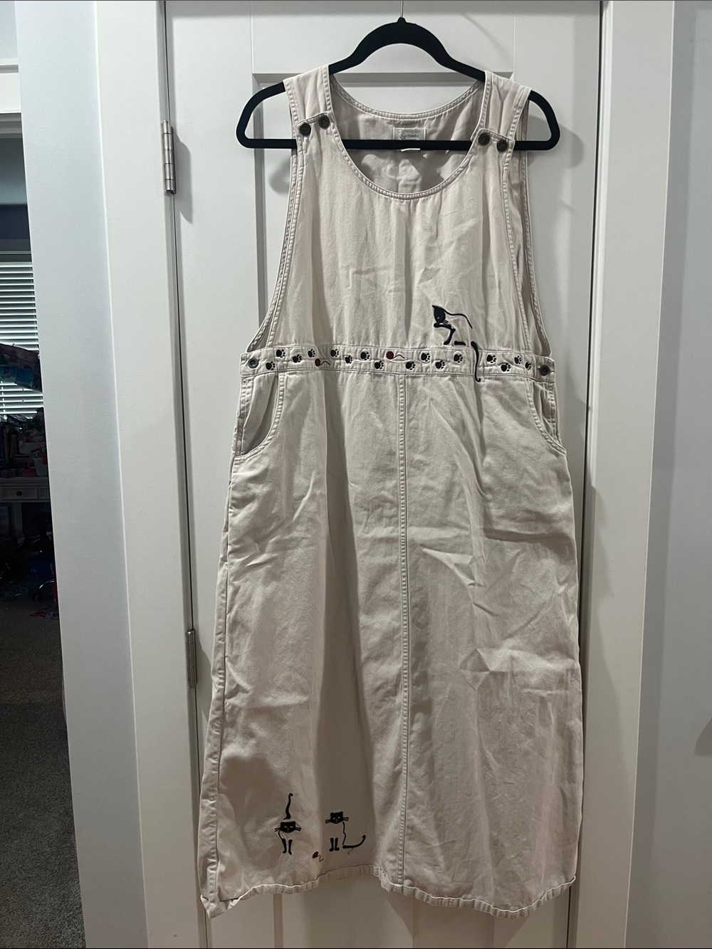 90s Momcore Overall Jumper Dress Cats Christopher & Banks Cream Embroidered XL